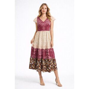 Suzanne Betro Tiered Midi Patchwork Inspired Dress Boho Cottagecore LARGE Maroon